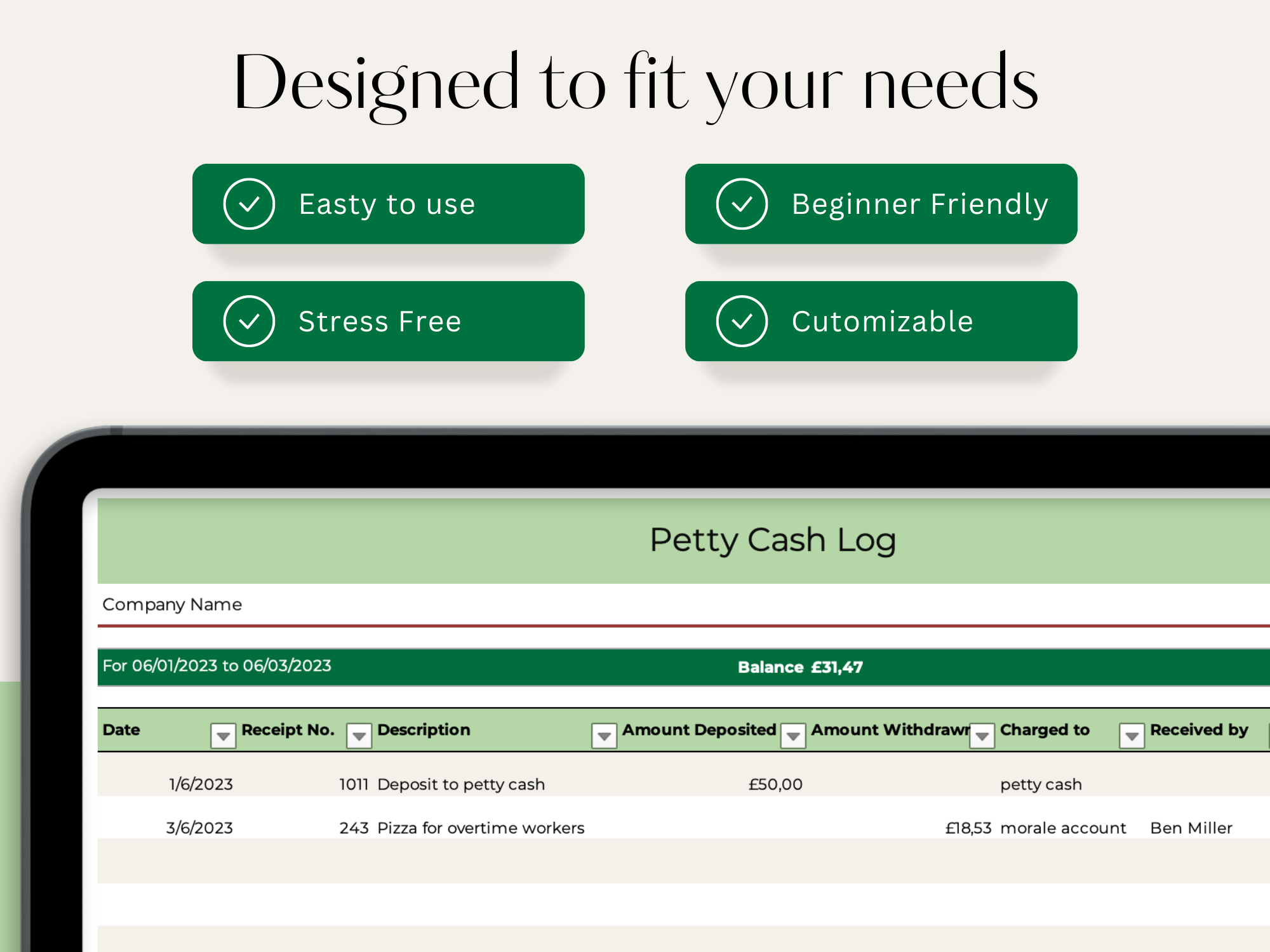 Petty Cash log